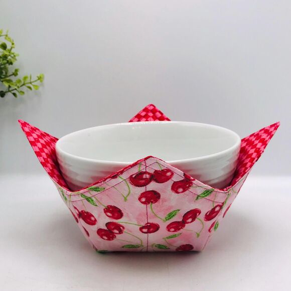 Cherries Microwave Soup Bowl Cozy: Pink Red Cottage Core Reversible Bowl Cozy - Picture 1 of 6